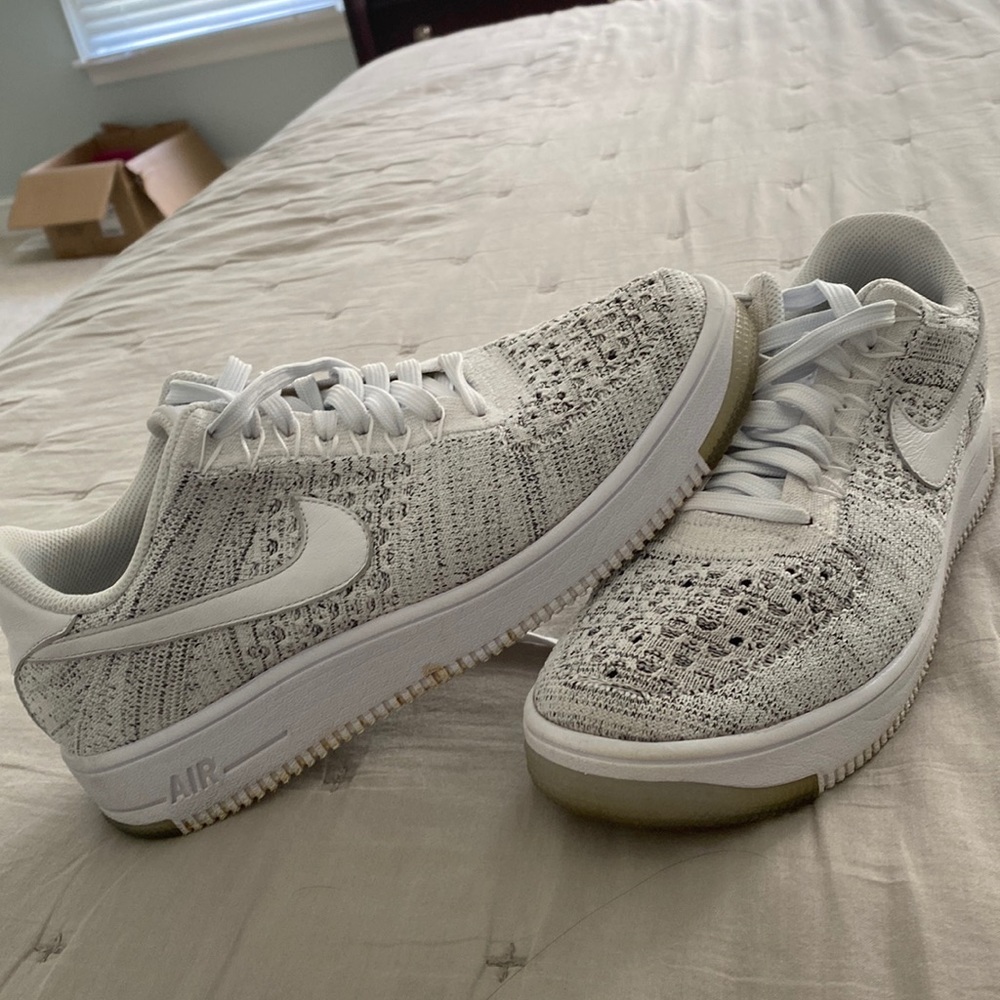 White and gray fly knit Nike Air Force 1, size9